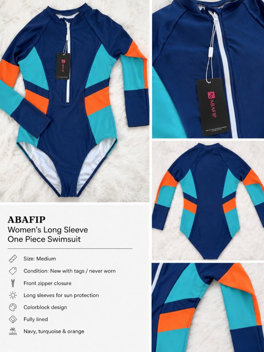 ABAFIP Women’s Long Sleeve Colorblock One Piece Swimsuit – Medium – NWT